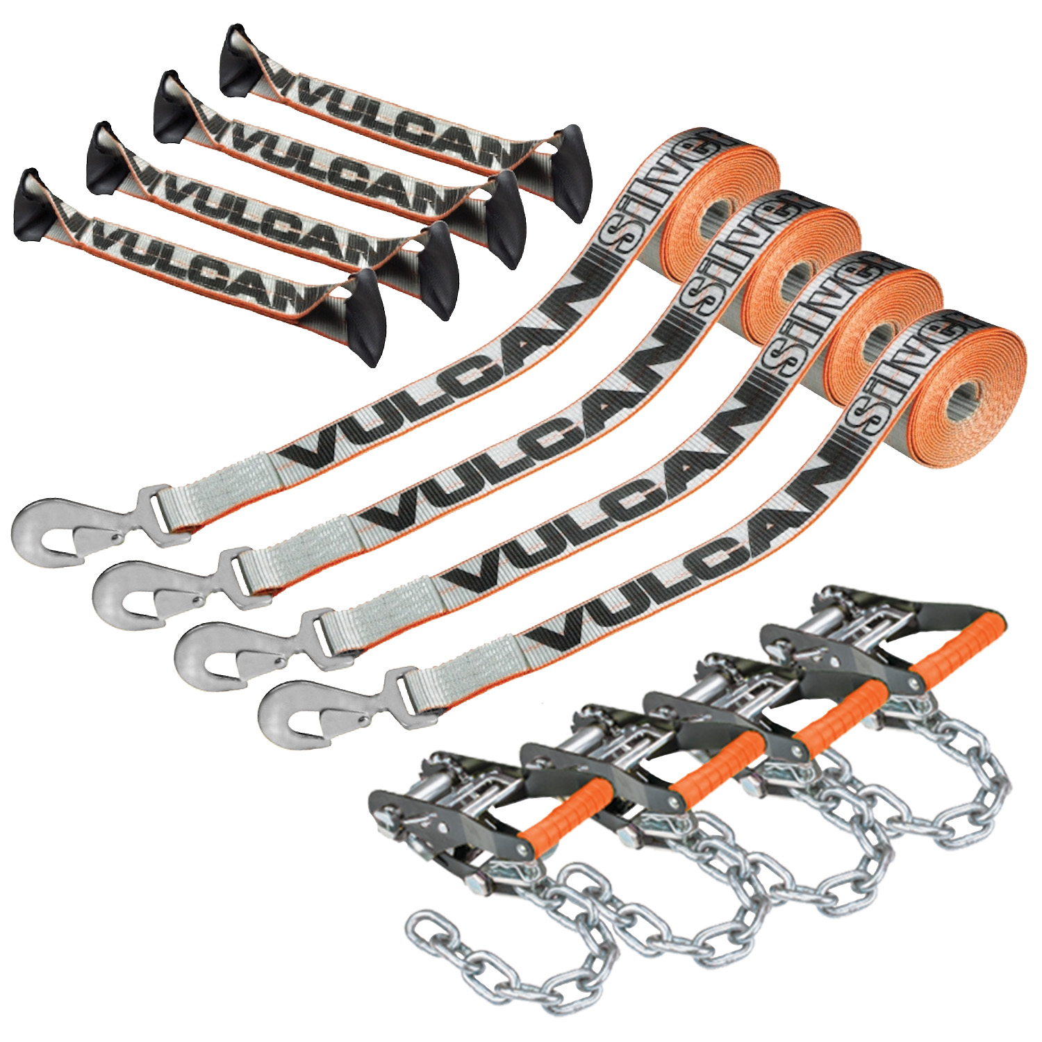 VULCAN 8-Point Roll Back Vehicle Tie Down Kit with Snap Hook on Strap Ends  and Chain Tail on Ratchet Ends - Set of 4 - Silver Series