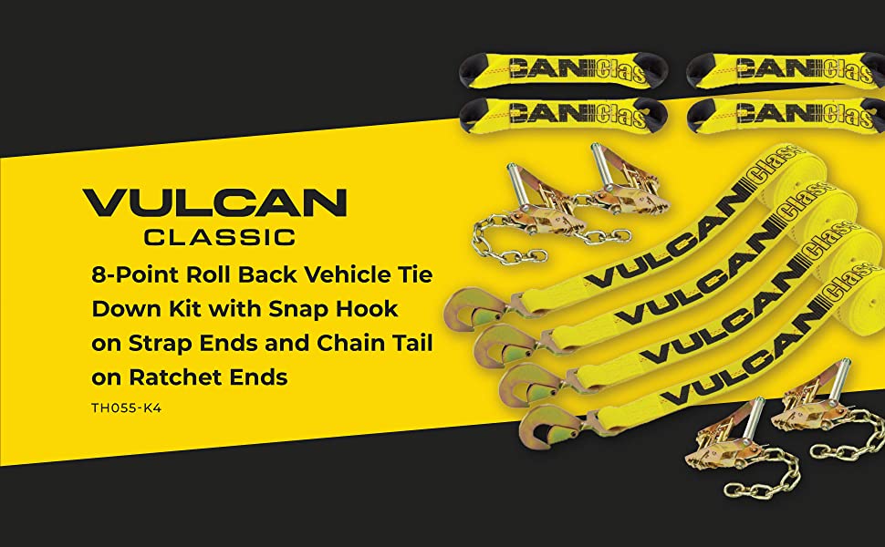 VULCAN 8-Point Roll Back Car Tie Down Kit - Snap Hook & Chain Tail, 4 Pack